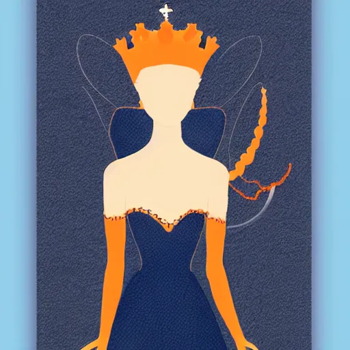 Image similar to minimalist illustration of a fairy tale princess in navy and burnt orange hues