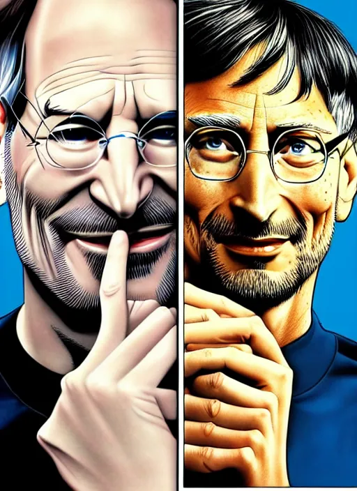 Prompt: steve jobs vs bill gates manga, extremely detailed colors, gorgeous shading, realistic drawing