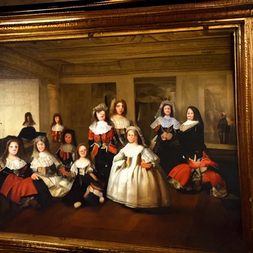 Image similar to oil canva family portrait in the main room of the castle painted in 1 6 5 6, dark room, one point of light coming through the window inspired by las meninas, spaces between subjects and good detail and realistic face form for each person in the canva, inspired by diego velasquez better quiality