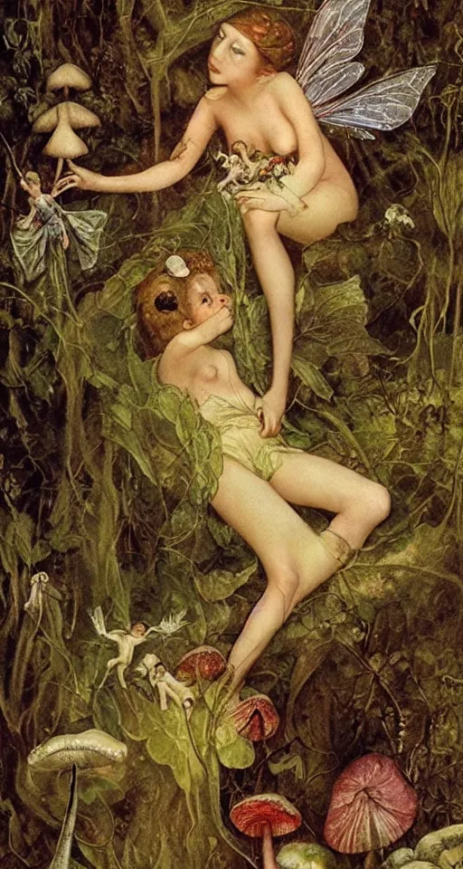 Prompt: a small fairy in a dewy mushroom, art by J. A. Fitzgerald, Richard Dadd, Henry Fuseli, beautiful chararacter art, highly detailed, ethereal, beautiful