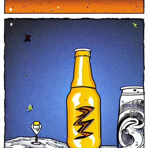 Prompt: an electric guitar headstock and a beer can on the moon. very detailed. cartoon. realistic