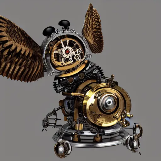 Prompt: render of a mechanical owl, steampunk style, 8k