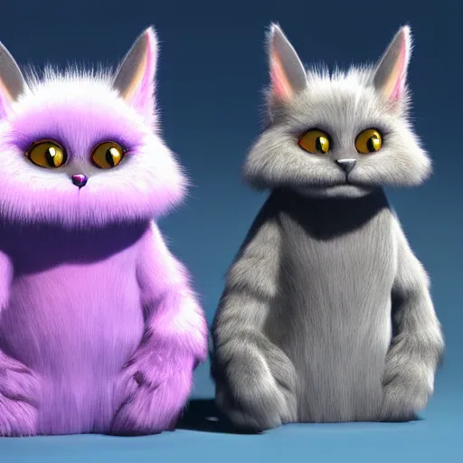 Prompt: cute colorful fuzzy alien cat creatures with long flowing detailed striped fur, detailed high quality 3 d render unreal engine in the style of maurice sendak, 4 k