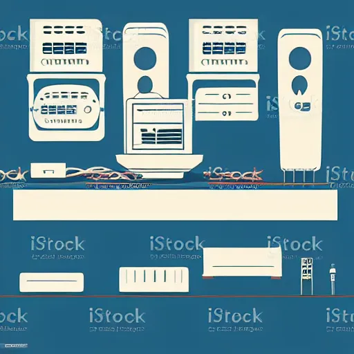 Prompt: cash register in front of a wall of electrical supplies vector art