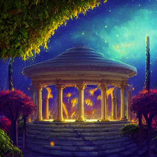 Image similar to beautiful highly detailed digital illustration of a celestial palatial garden with pillars of light towering above. by Andreas Rocha, colorful nebula in the night sky, stars, flowers and vines and creepers, establishing shot, cinematic, architecture, artstation HQ, HD, 8k resolution, featured in art magazine