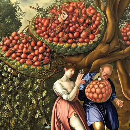 Prompt: hyperdetailed cyborgs under a big tree, holding huge interesting elaborate fruits. in the style of Caravaggio, with liberty and flemish baroque mixed media details. vibrant textures in natural pastel tones. matte background HD 8x