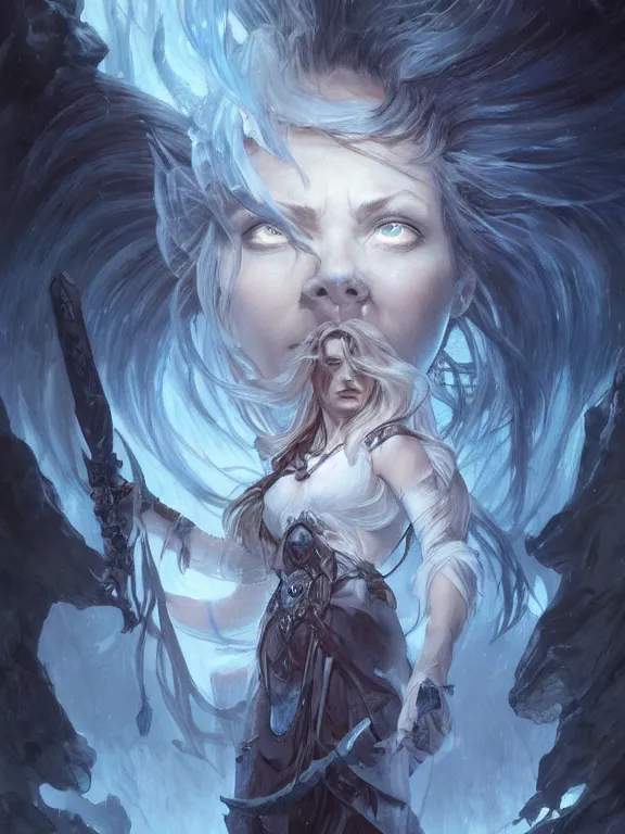 Prompt: picture of giant female ice revenant, looming a party of five adventurers, highly detailed, detailed face, smooth, sharp focus, high fantasy, horror, chiaroscuro, blue monochromatic, digital painting, artgerm and greg rutkowski and alphonse mucha