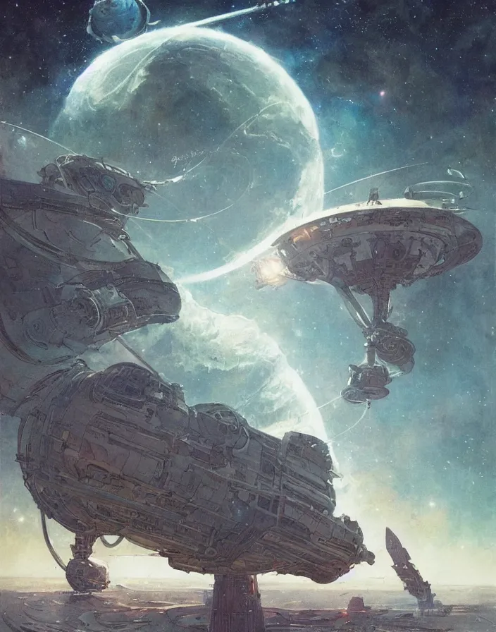 Prompt: illustrated by moebius and greg rutkowski, orbit of earth, futuristic orbital station!!!!, nebulae!!, starry sky!!, rule of third!!!!, vintage cover of sci - fi magazine