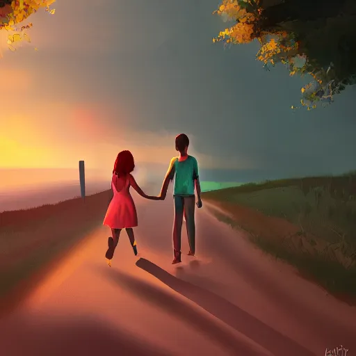 Prompt: A girl and her boyfriend happily walk into the sunset, holding hands, digital art, artstation