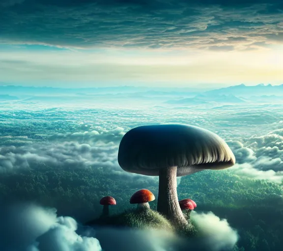 Image similar to a giant mushroom that stretches above the clouds with a city built into it underneath. highly detailed 8 k. intricate. lifelike. soft light. nikon d 8 5 0. cinematic post - processing