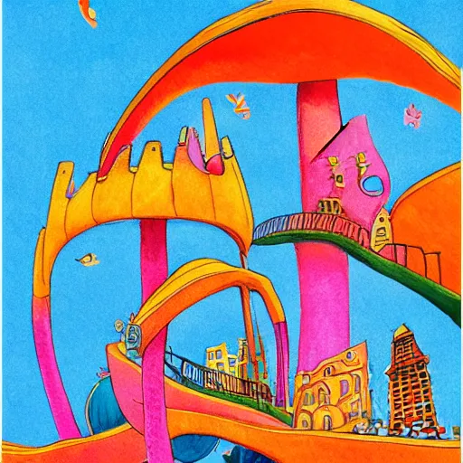 Prompt: fanciful city filled with curvy buildings, by dr seuss, oh the places you'll go, arches, platforms, towers, bridges, stairs, colorful kids book illustration