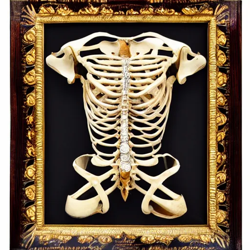 Prompt: female torso and head in curved position with visible gems inlaid in skin with anatomic description, antique style, skeleton, gems, cameo, gold, 8k, details, studio lighting, realism, complex lights