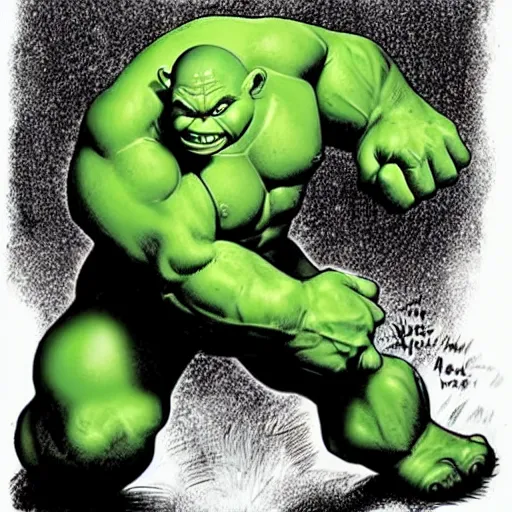 Prompt: shrek transforming into a hulk