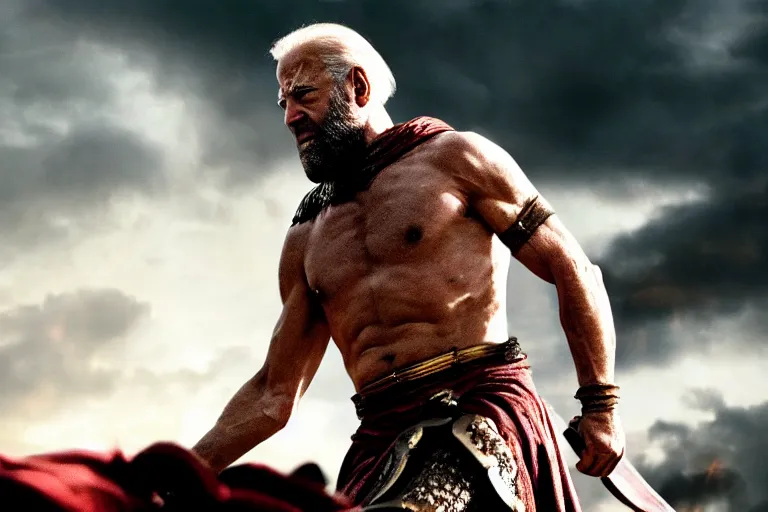 Image similar to cinematic action shot of joe biden as leonidas in 3 0 0 movie, 8 k, epic moody sky, dramatic lighting