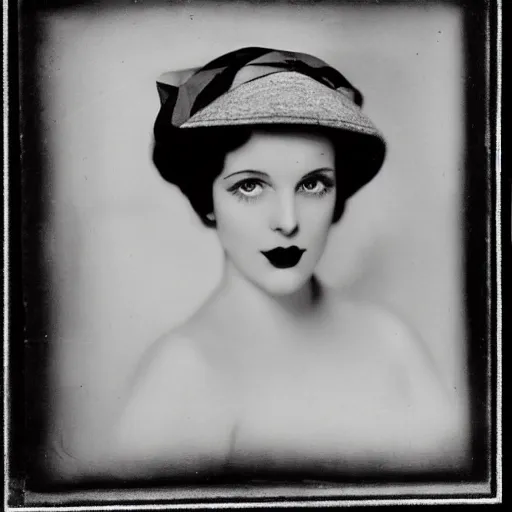 Prompt: a black and white photo of a woman wearing a hat, a character portrait by george hurrell, featured on flickr, mannerism, studio portrait, chiaroscuro, 1 9 2 0 s