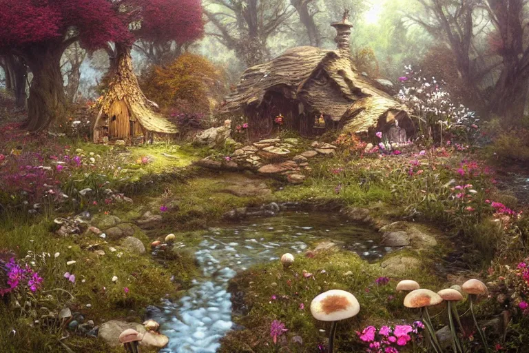 Prompt: wide angle view, a beautiful digital painting of a fairy house by a stream made of rocks and mushrooms, flowers, beautiful tranquil day, by greg rutkowski, brian froud, marc simonetti, jean - baptiste monge, and alphonse mucha, symmetry, complementary colors, ink illustration, trending on artstation