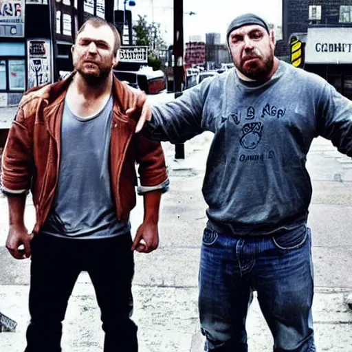 Prompt: Jon Moxley and Eddie Kingston standing on the street corner in a crime filled city drawn in the style of grand theft auto poster