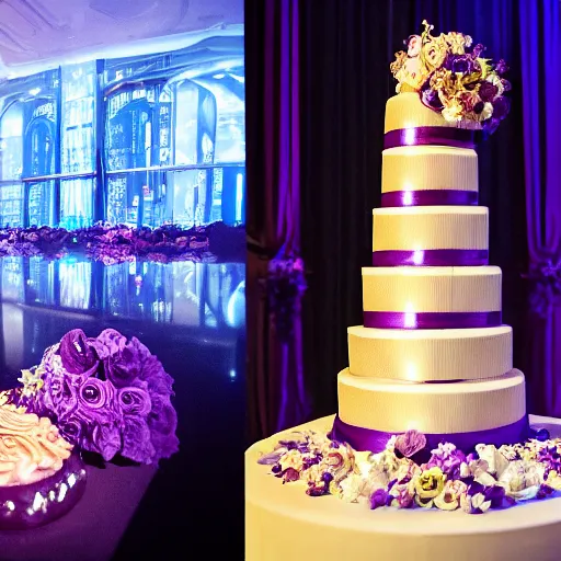 Image similar to a 3 meters-high wedding cake made only of purple tomatoes, beautfiul lighting, cinematic, style of blade runner 2049, hyper detailed, ultra realistic, 8k, trending on art station