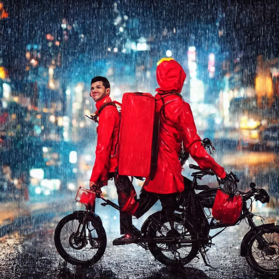 Prompt: food delivery driver with red backpack and futuristic rocket bike working in a rainy night in a cyberpunk city