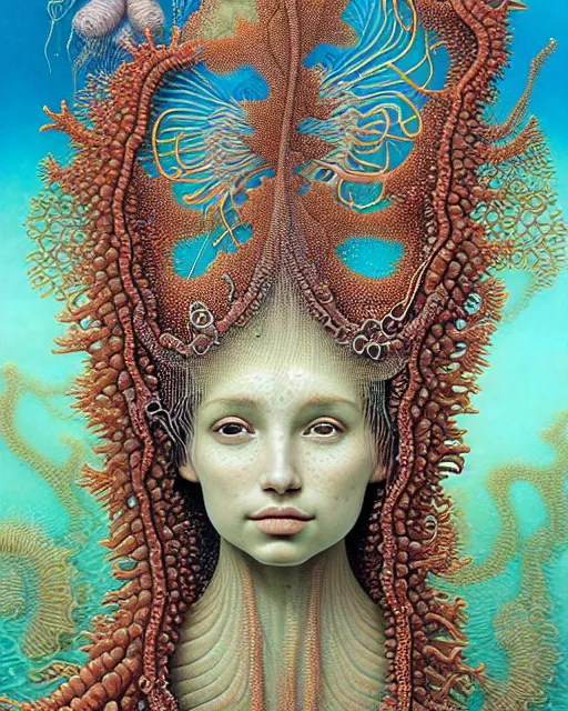 Image similar to realistic detailed underwater face portrait of the beutiful young goddess of the fractal waters with an intricate headdress of corals, sea kelp, sea plants, fish, jellyfish, art by ernst haeckel, zdzisław beksinski, h. r. giger, hieronymus bosch, gothic, neo - gothic, ornamental, beautiful deep colours,