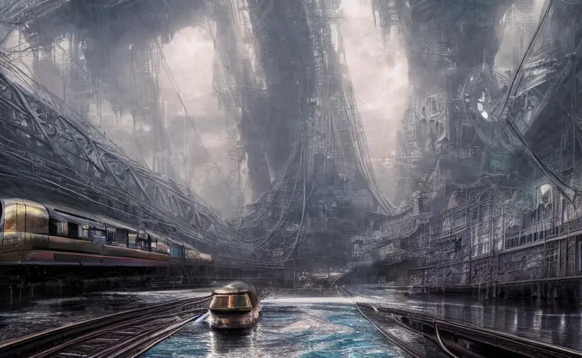 Image similar to An urban train rides inside of a waterway on a fantasy city, hyperrealistic mixed media, stunning 3d render inspired art by P. Craig Russell and Barry Windsor-Smith + perfect facial symmetry + dim volumetric lighting, 8k octane beautifully detailed render, post-processing, extremely hyperdetailed, intricate futuristic mechanic parts, epic composition, grim yet sparkling atmosphere, cinematic lighting + masterpiece, trending on artstation