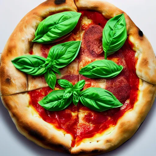 Prompt: A super realistic photograph of a Neapolitan pizza with a crust inflated with mozzarella di buffala and basil leaves, award winning, ultra detailed, 4k