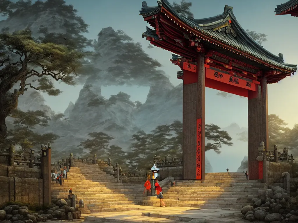 Image similar to tang dynasty shinto gate at the top of many stone steps, by peter mohrbacher and dan mumford and nekro, cgsociety, volumetric light, 3 d render