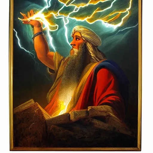 Image similar to A painting of Moses holding up the ten commandments with lightning, fire and pillars of smoke