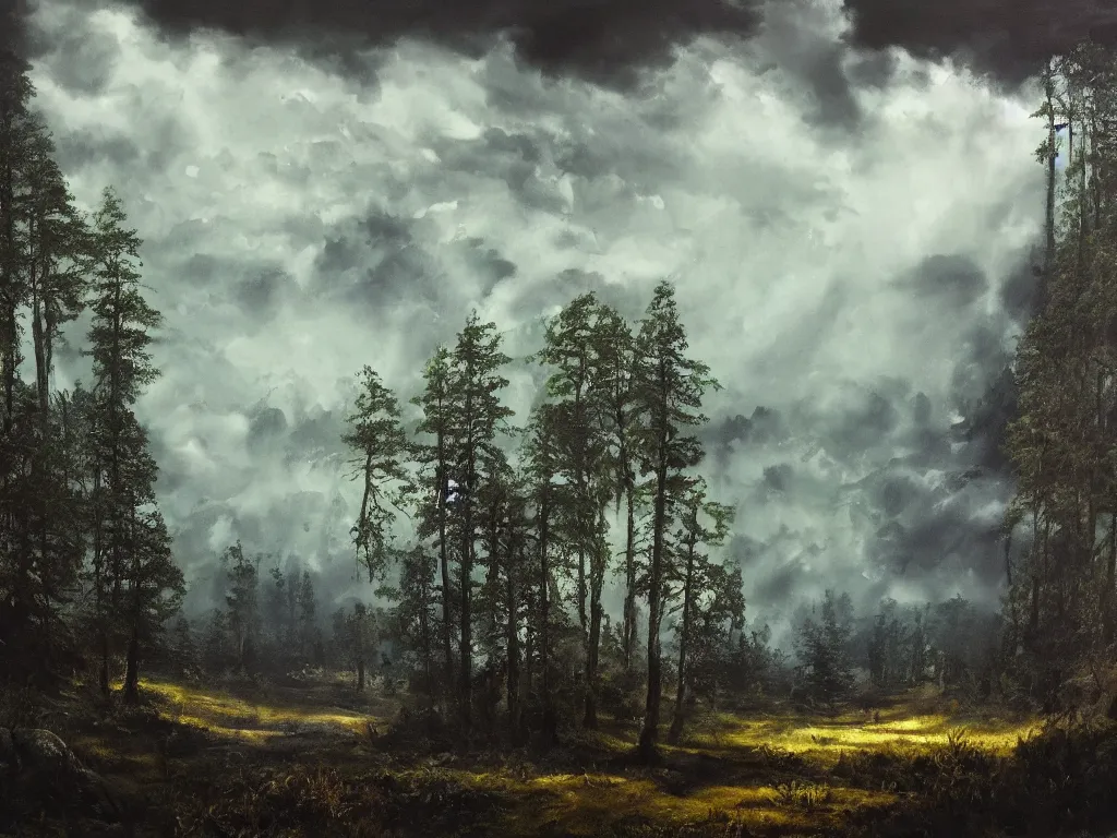 Prompt: detailed landscape, forests. very detailed dark super storm, hyper realistic clouds, impressive, magical, very atmospheric, smoke boiling, cinematic, deep, very high complexity, stunning, masterpiece, chiaroscuro, in the style of david holland and michael creese, very detailed. 4 k