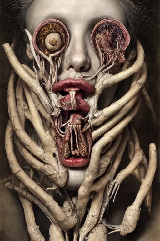 Image similar to Detailed maximalist portrait of a greek god with large lips and eyes, scared expression, botanical anatomy, skeletal with extra flesh, HD mixed media, 3D collage, highly detailed and intricate, surreal illustration in the style of Jenny Saville, dark art, baroque, centred in image