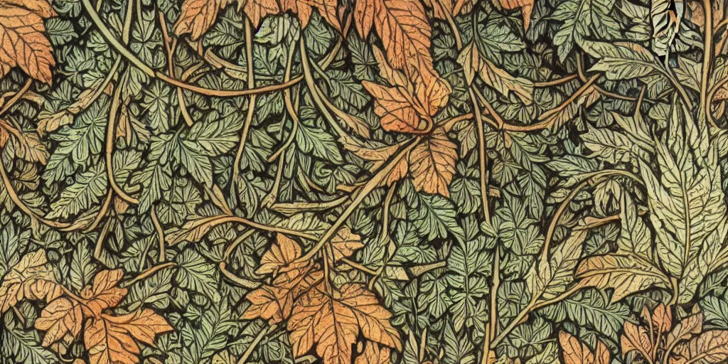 Prompt: breathtaking detailed concept art painting of goddesses of autumn, vintage illustration pattern with bizarre compositions blend of plants and stems and leaves by william morris, exquisite detail, extremely moody lighting, 8 k