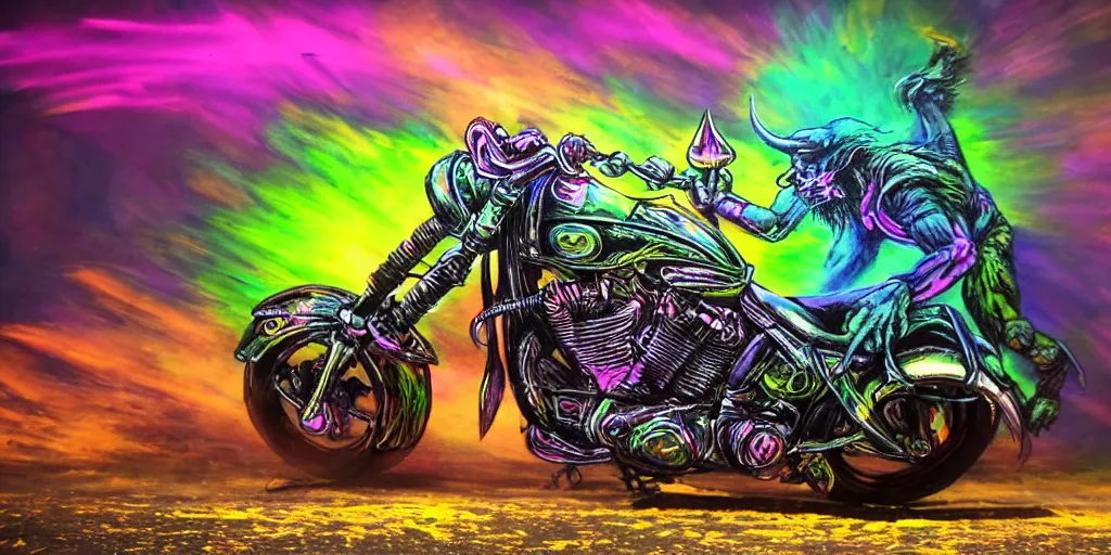 Image similar to high quality cinematic action shot of an orc doing a wheelie on a motorcycle, psychedelic blacklight airbrush art