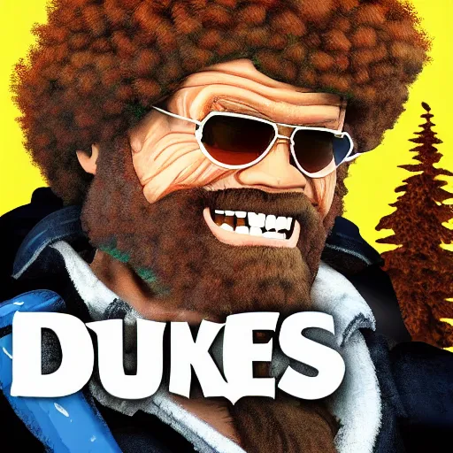 Image similar to bob ross in the style of duke nukem, full body, holding machine guns in both hands, fighting monsters