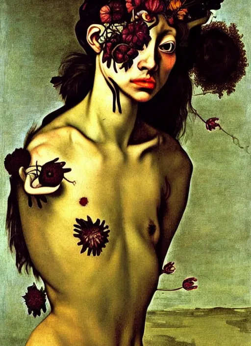 Image similar to beautiful rotten woman morphing into plants and many different types of beautiful flowers, muscles, organs, surreal, miguel angel, gustave courbet, caravaggio, romero ressendi