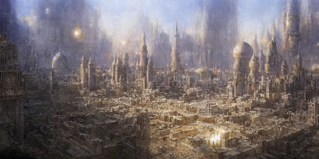 Image similar to a painting of epic fantasy islamic city by alan lee, trending on artstation