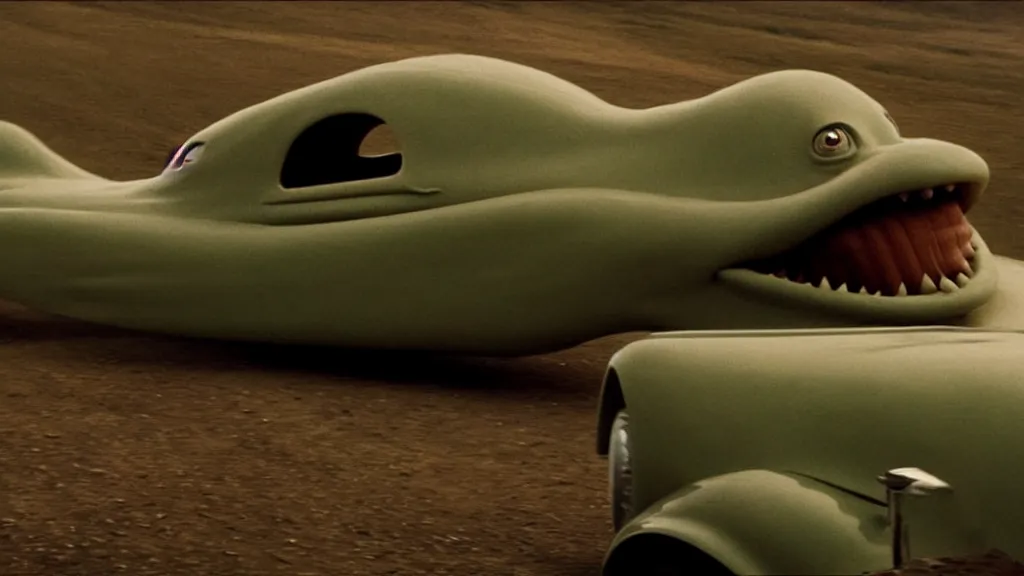 Prompt: the creature drives a hot rod, made of wax and water, film still from the movie directed by Denis Villeneuve with art direction by Salvador Dalí, wide lens