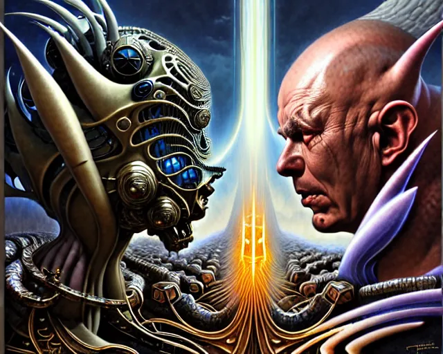 Image similar to the battle between the armies of good and evil, fantasy character portrait made of fractals facing each other, ultra realistic, wide angle, intricate details, the fifth element artifacts, highly detailed by peter mohrbacher, hajime sorayama, wayne barlowe, boris vallejo, aaron horkey, gaston bussiere, craig mullins