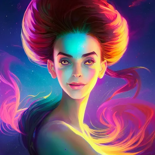 Image similar to portrait of beautiful woman with magical nebula hair, maya ali mage, gloomhaven, dynamic lighting, gaudy colors, octane render aesthetic, matte painting concept art, official fanart behance hd artstation by jesper ejsing, by rhads and makoto shinkai and lois van baarle and ilya kuvshinov and rossdraws