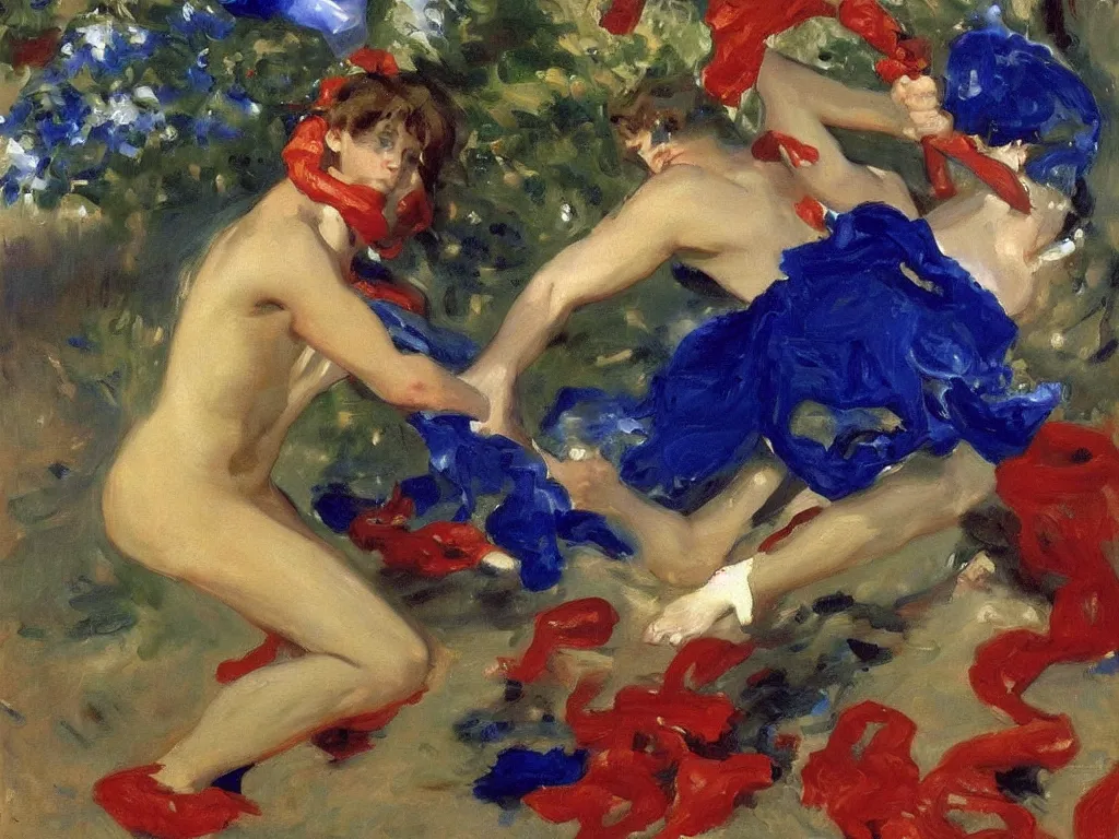 Image similar to painter fighting with lapis-lazuli, malachite, cinnabar pigments. Painting by John Singer Sargent.