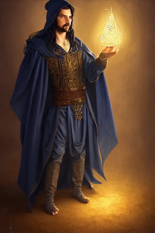 Image similar to handsome male mage the sandman in a tavern, long black hair blue eyes wearing cloth mantle gothic navy cloak with gold details, tree town, fantasy character portrait, ultrarealistic, intricate details, elegant, cinematic lighting, highly detailed, artstation, cgsociety, sharp focus, beautiful digital painting by artgerm, gerald brom, wlop, alphonse mucha