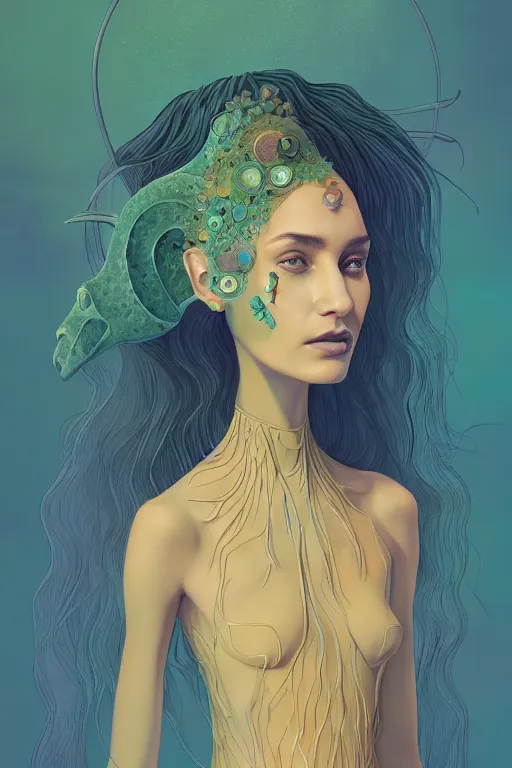 Prompt: 👁👩🏾🦱🧚🏽♀💎🌵👗, phantom, dreary, dramatic, fluid, golden ratio, artstation, moebius + loish, hd,