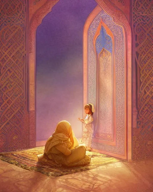 Prompt: a faceless bedouin child infront of a big open quran highly detailed, gold filigree, romantic storybook fantasy, soft cinematic lighting, award, watercolor illustration by mandy jurgens and alphonse mucha and alena aenami, pastel color palette, featured on artstation