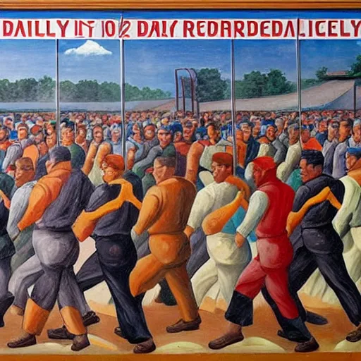 Image similar to the word daily!!!!!!!!!!!!!!!!!!!!!!!! depicted in a socialist realist mural