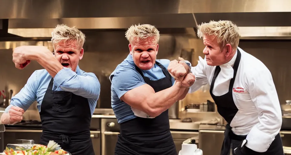 Image similar to photo of angry furious Gordon Ramsay punching Gordon Ramsay at the kitchen