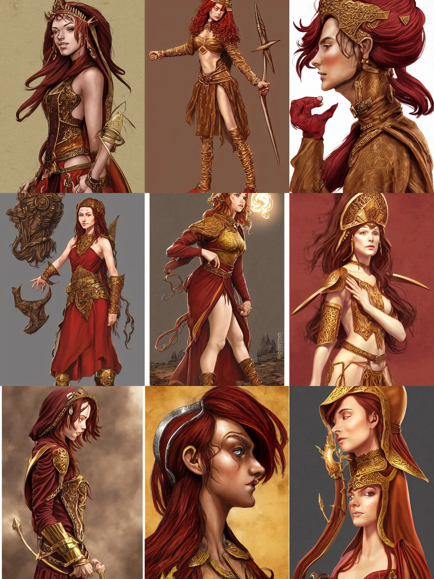 Prompt: sideview of a dnd young priestess, earth attuned, brown robes, skintight, beautiful, light brown skin, red hair, happy, metallic brass accessories, spellcasting, shapely derriere, high fantasy, detailed face, highly detailed, sharp focus, smooth, digital illustration, by clyde caldwell