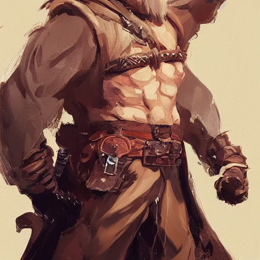 Image similar to portrait of a muscular, grim, ponytail haired blonde man in his late 30's, wearing a thick brown leather coat, looking to his side, hunter, DnD character, fantasy character, digital art by Ruan Jia, Krenz Cushart, Rossdraws and Boris Vallejo