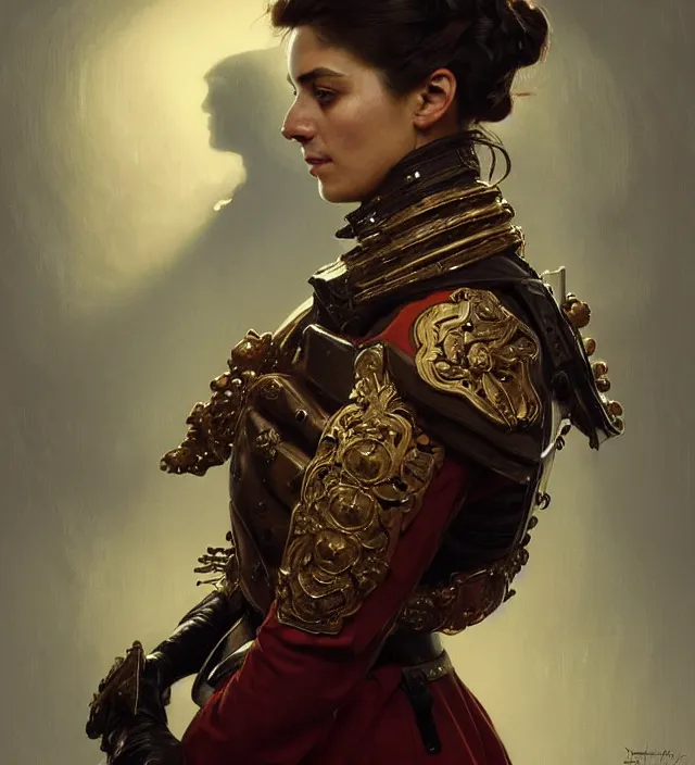 Image similar to portrait of a portuguese woman wearing a traditional nineteenth century kingdom of portugal military jacket, metal shoulder pauldrons, intricate, highly detailed, digital painting, artstation, concept art, sharp focus, cinematic lighting, illustration, art by artgerm and greg rutkowski, alphonse mucha, cgsociety
