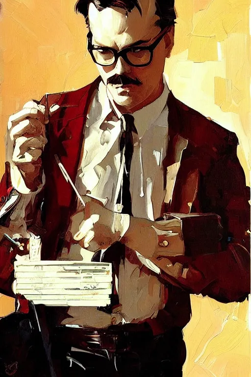 Image similar to vince gilligan painting by jc leyendecker!! phil hale!, angular, brush strokes, painterly, vintage, crisp