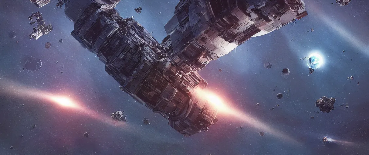 Prompt: concept art, a single exploration spaceship drifting in space, the expanse tv series, industrial design, lost in the immensity of space, spatial phenomenon, space debris, cinematic lighting, 4k, greebles, widescreen ratio, wide angle, beksinski, sharp shapes, maximalist, film grain