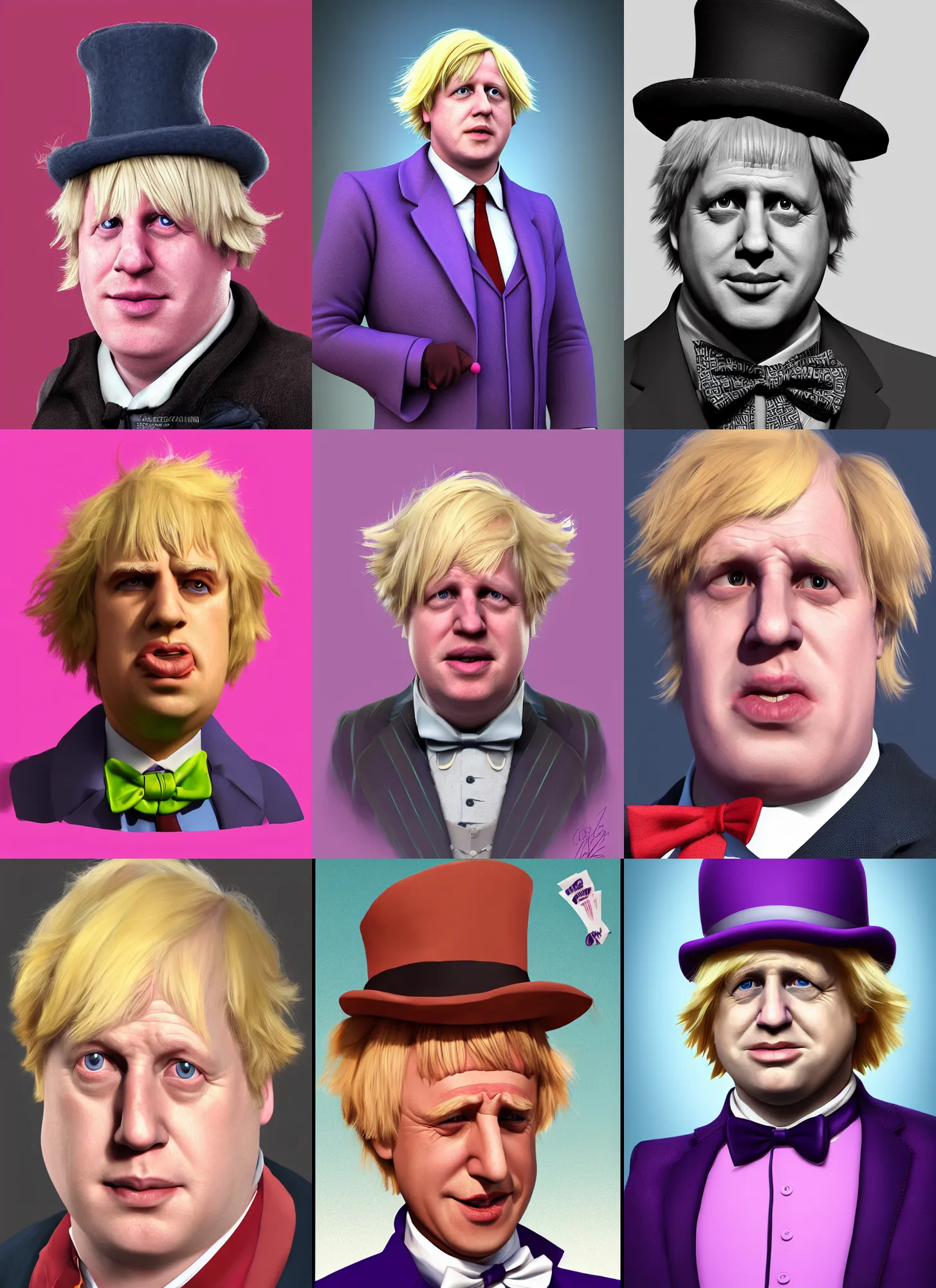 Prompt: character portrait of Boris Johnson playing Willy Wonka, digital art, trending on artstation, 4k